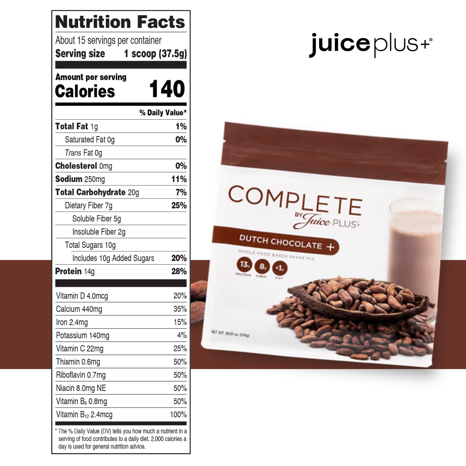 Glass of Juice Plus+ Complete Dutch Chocolate Shake ready for a quick plant-based meal.
