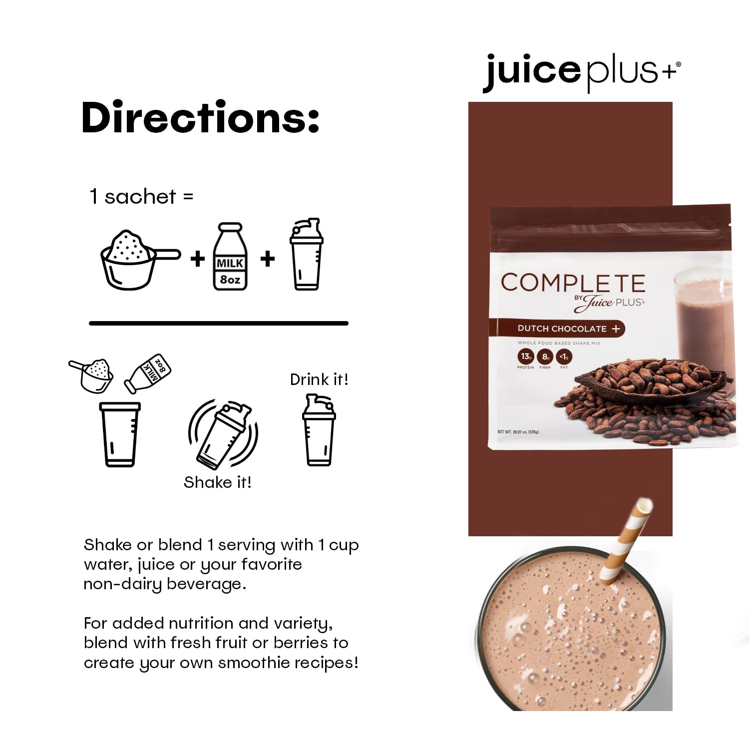 Two pouches with scoop demonstrating convenient, portion-controlled servings.