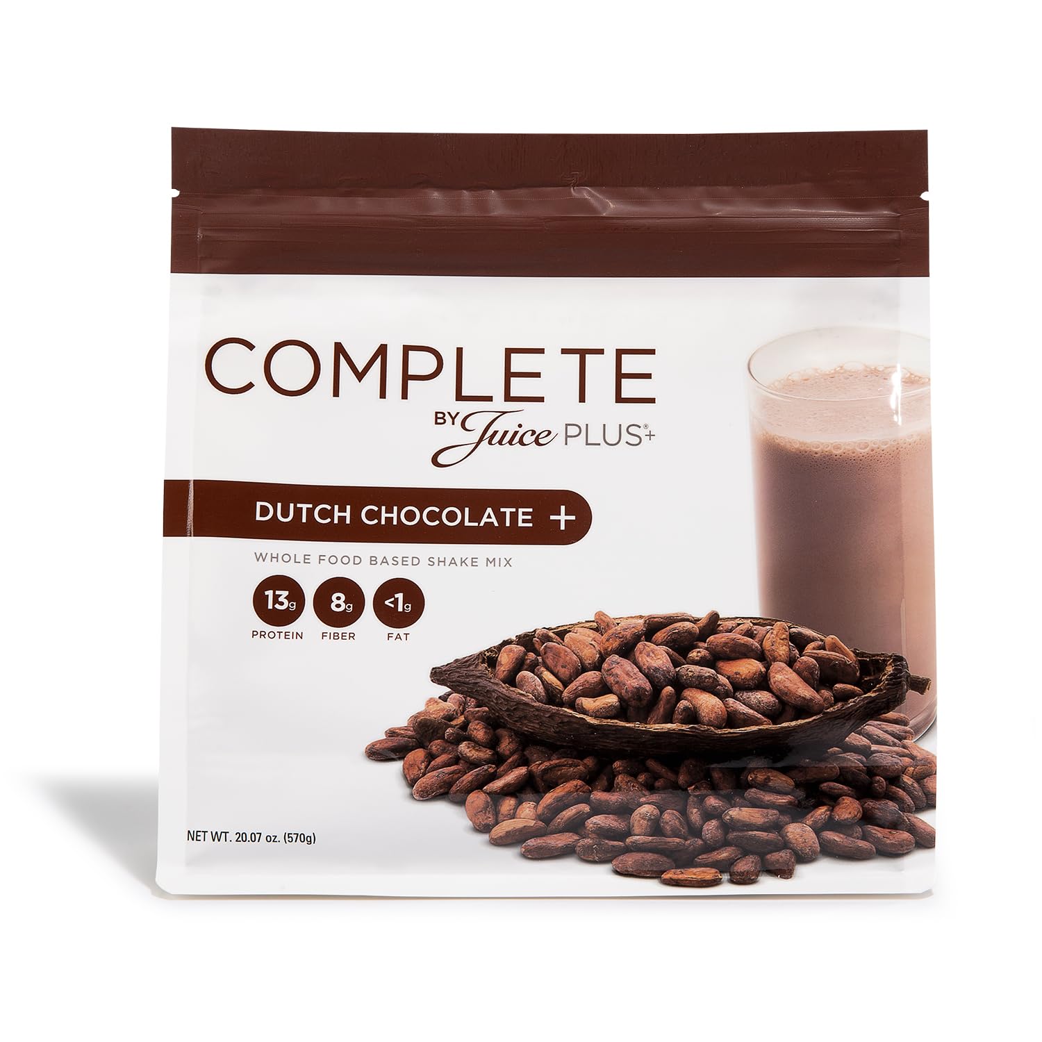 Juice Plus+ Complete Dutch Chocolate Shake pouch showing plant-based protein and fiber for everyday nutrition.