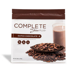 Juice Plus+ Complete Dutch Chocolate Shake pouch showing plant-based protein and fiber for everyday nutrition.