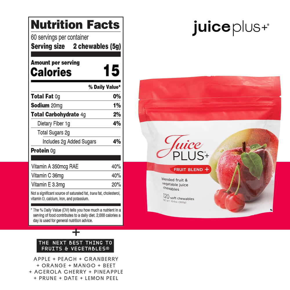 Juice Plus+ fruit and berry blend chews with whole-food ingredients.