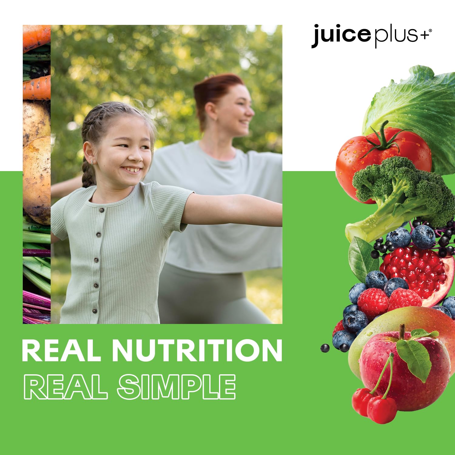 Gluten-free and non-GMO certification badge beside Juice Plus+ packaging.