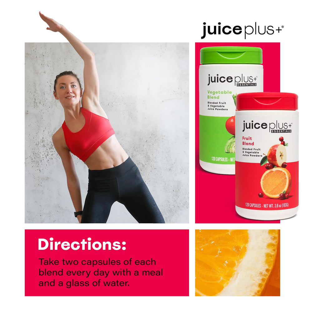 Juice Plus+ label indicates 60 servings per bottle across two packs.
