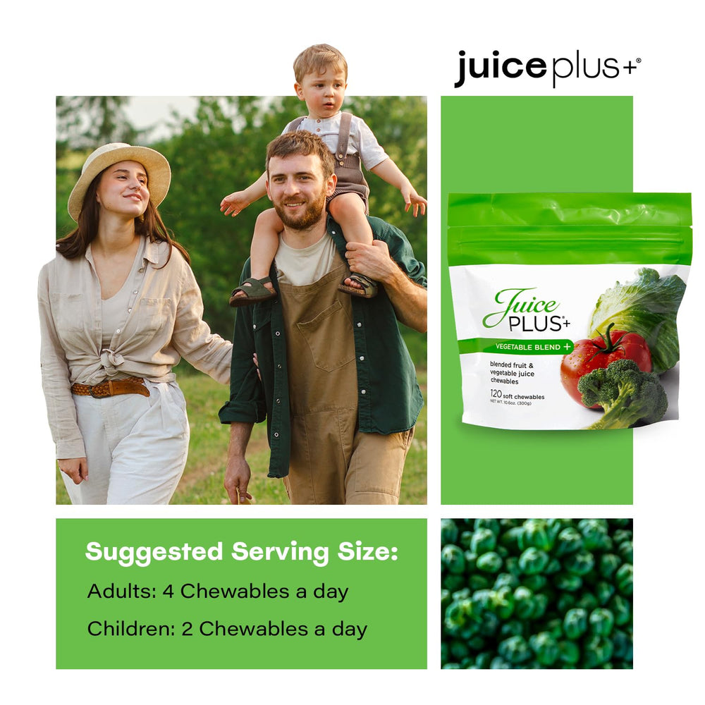 Juice Plus+ serving guidance: two chews for kids, four for adults.