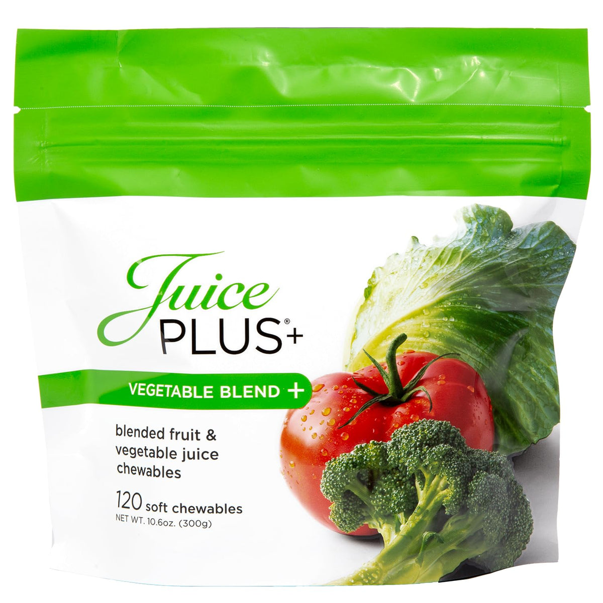 Juice Plus+ Vegetable Blend Soft Chews packaging close-up for convenient vegan nutrition.
