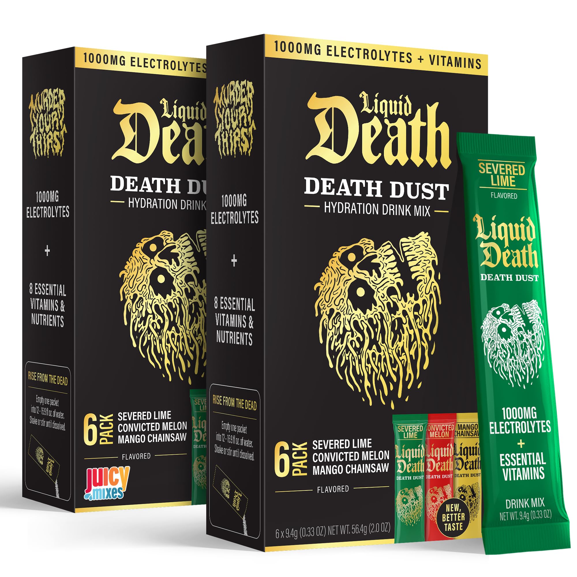 Juicy Mixes Liquid Death Death Dust packaging on display for on-the-go hydration.