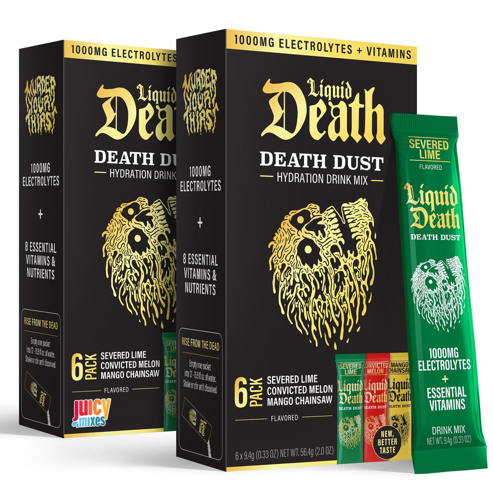 Juicy Mixes Liquid Death Death Dust packaging on display for on-the-go hydration.