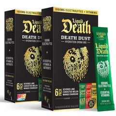 Juicy Mixes Liquid Death Death Dust packaging on display for on-the-go hydration.