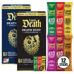 Juicy Mixes Liquid Death Electrolyte Death Dust Classics pack shot highlighting packaging and variety.