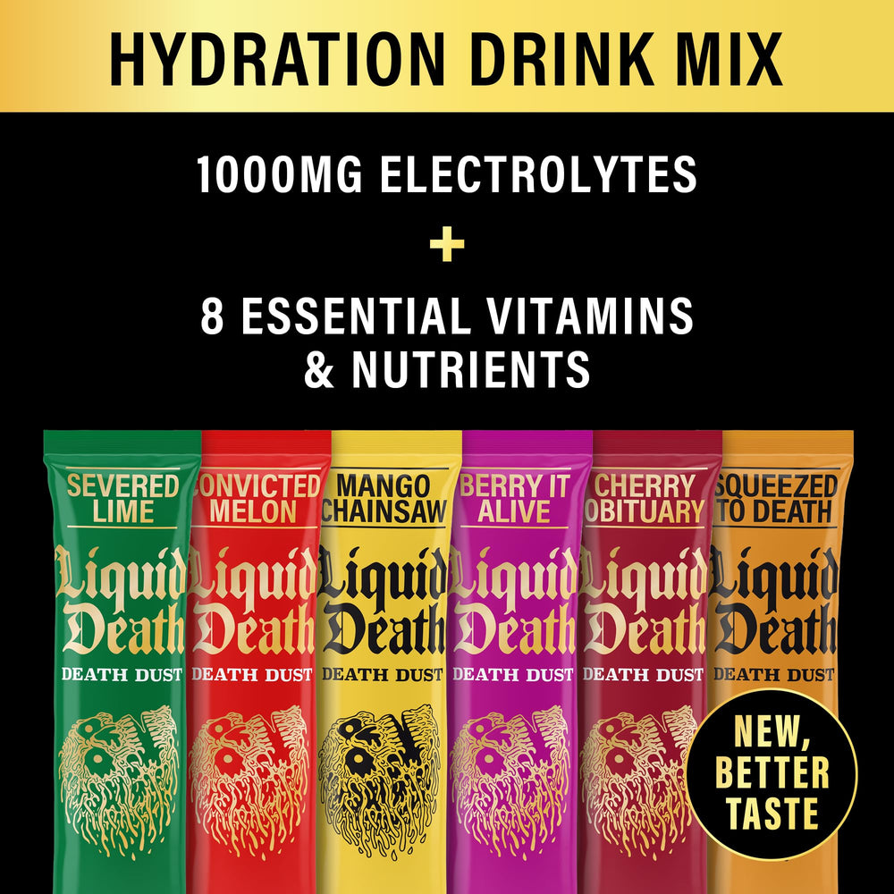 Closeup of Juicy Mixes Liquid Death electrolyte sticks showing compact, portable form.
