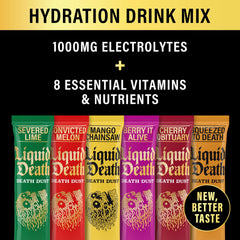 Closeup of Juicy Mixes Liquid Death electrolyte sticks showing compact, portable form.