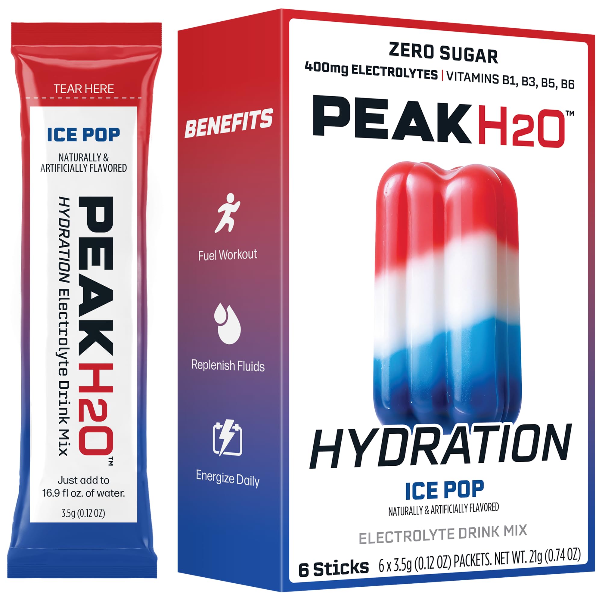 Juicy Mixes PeakH2O Ice Pop packet front view highlighting zero-sugar hydration