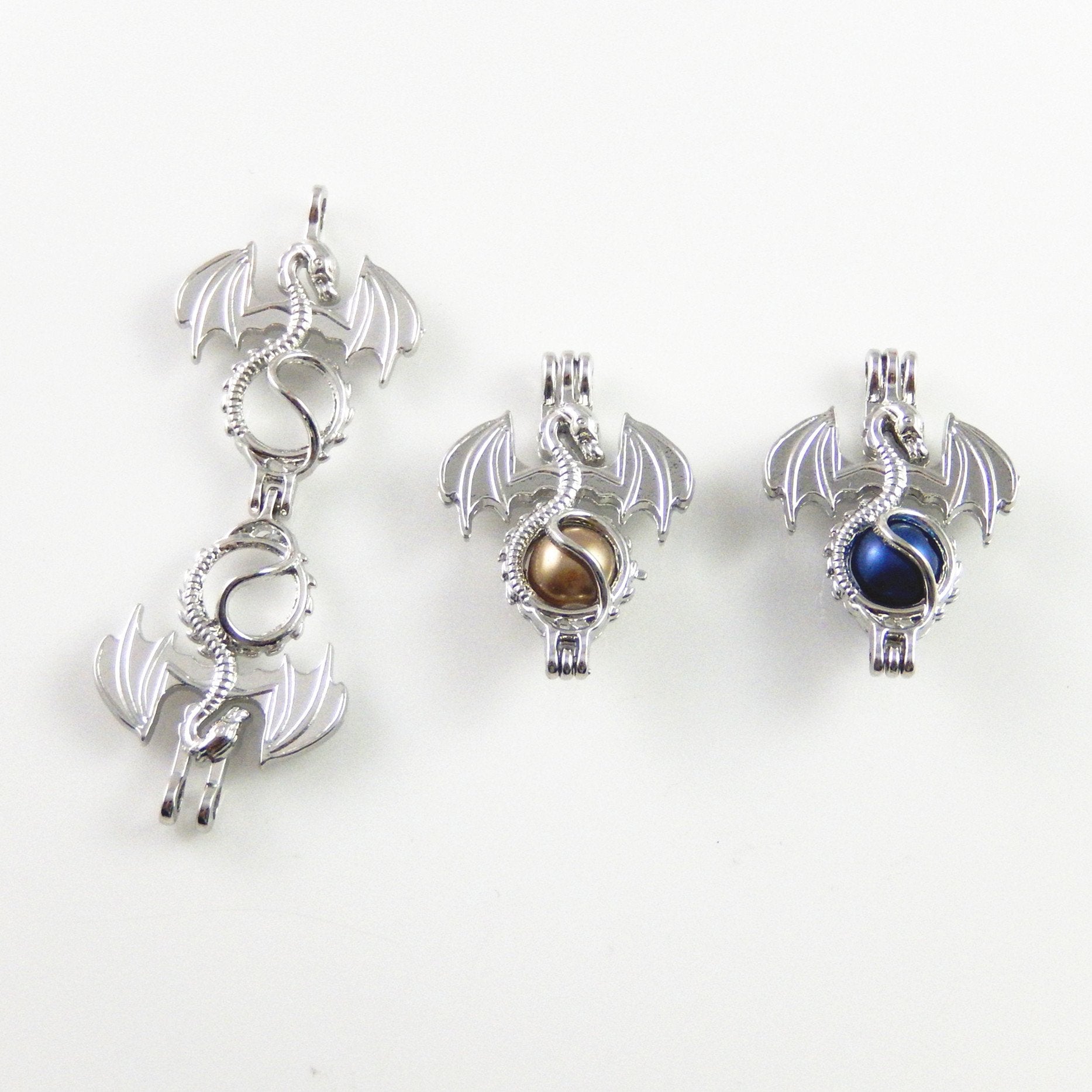 Julie Wang petite dragon locket pendant, silver finish, compatible with 8mm beads.
