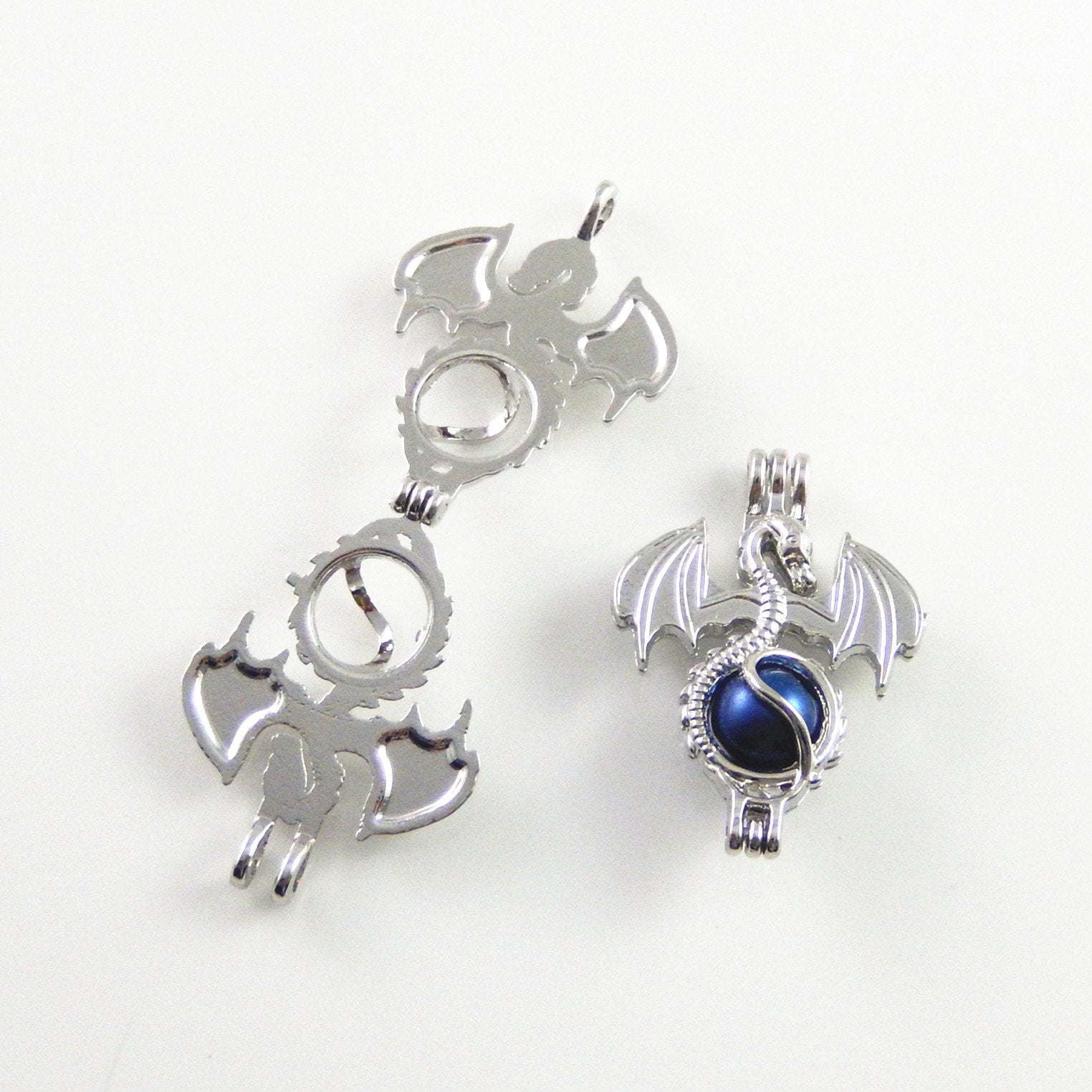 Julie Wang silver locket charm for necklace jewelry making, dragon motif for diffuser beads.