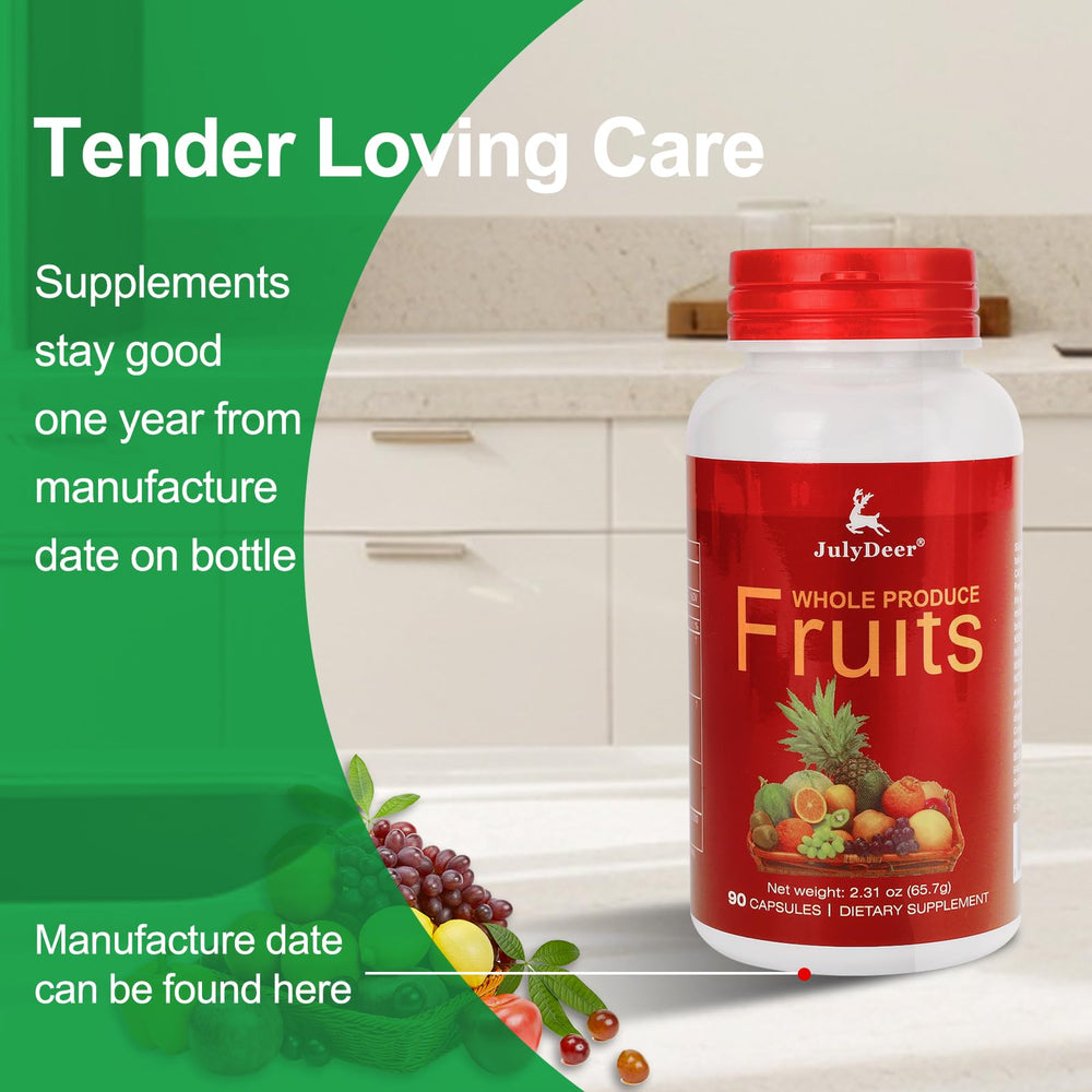 Front label of JulyDeer fruit supplement showing 16-fruit blend and nutrients