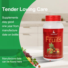 Front label of JulyDeer fruit supplement showing 16-fruit blend and nutrients