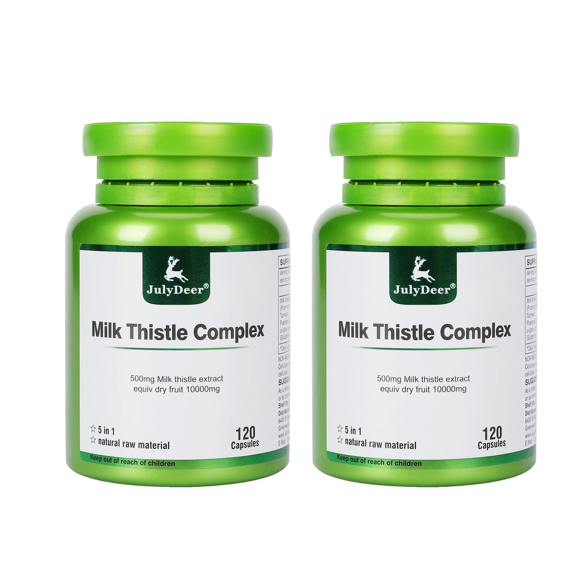 JulyDeer milk thistle bottle label highlights a 5-in-1 formula for liver support.