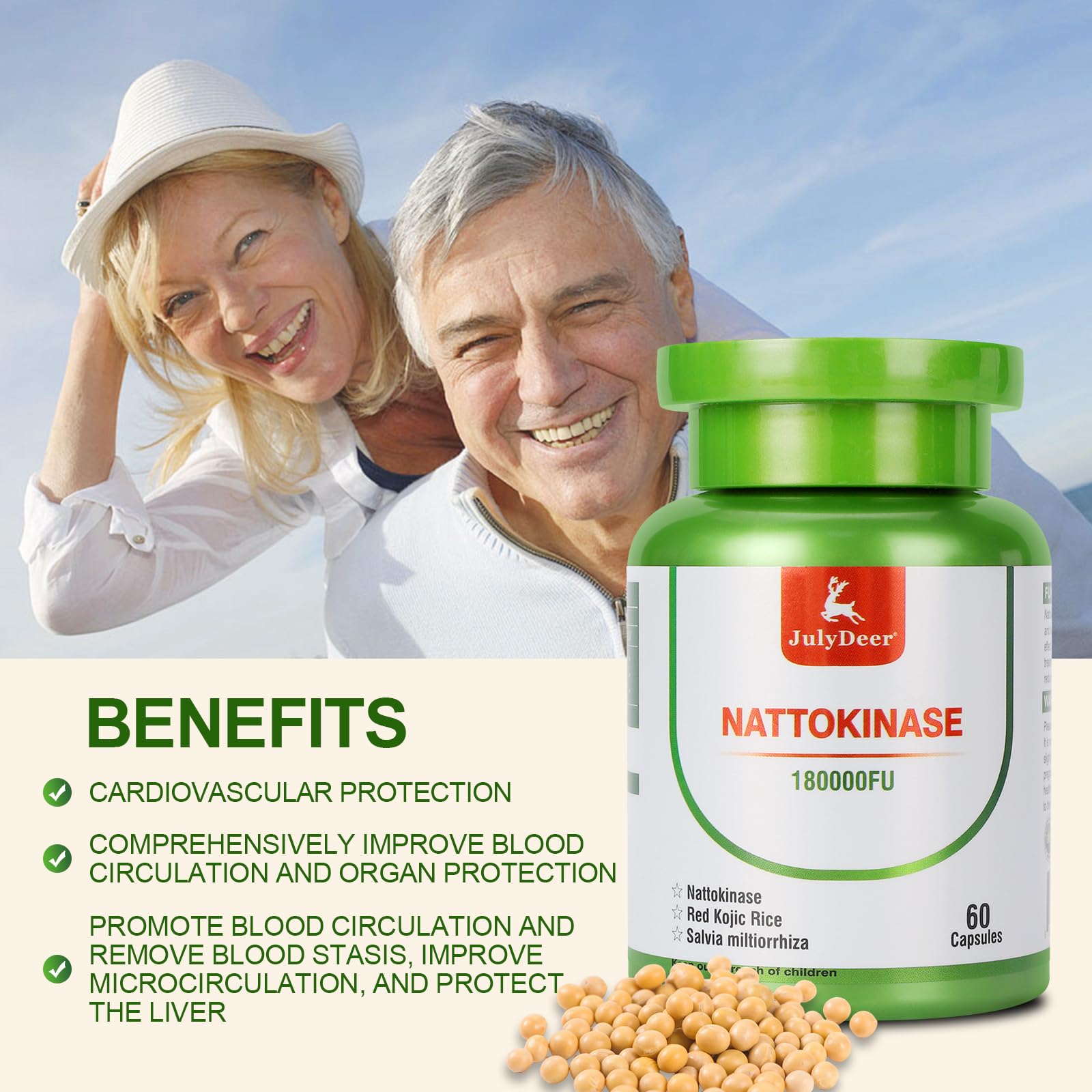 JulyDeer nattokinase packaging close-up emphasizing vegan, gluten-free status.