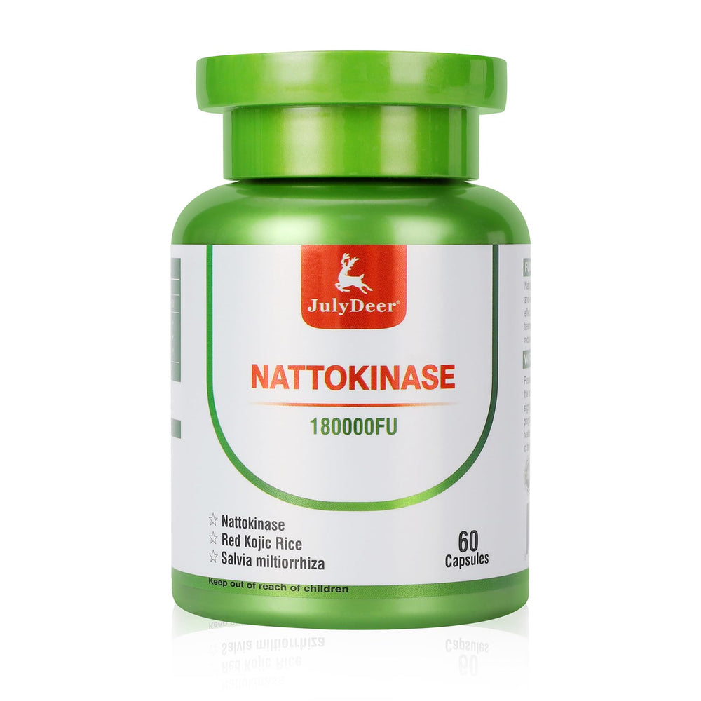 JulyDeer nattokinase bottle front with vegan capsules and gluten-free label.
