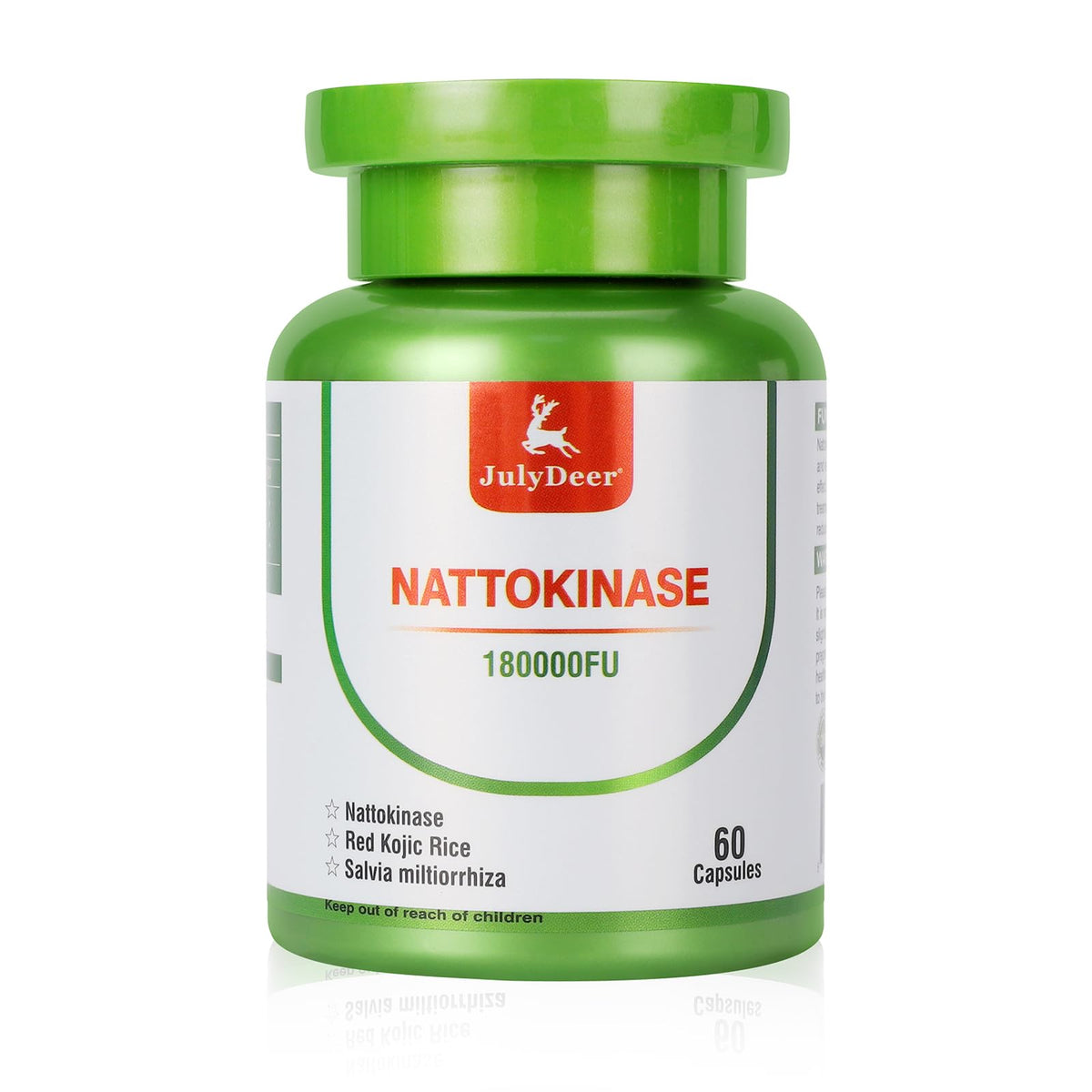 JulyDeer nattokinase bottle front with vegan capsules and gluten-free label.