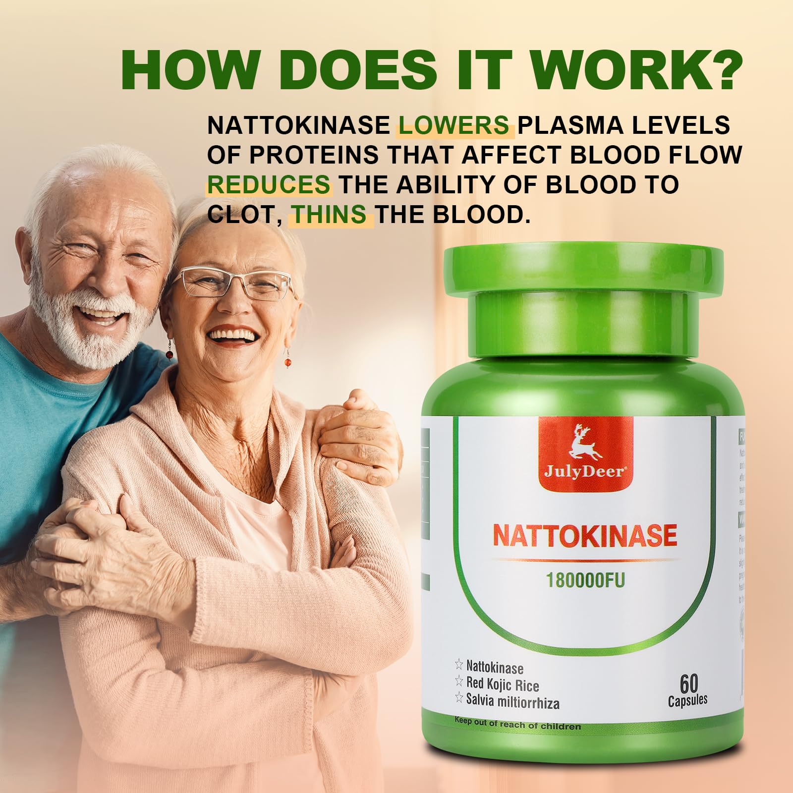JulyDeer nattokinase bottle with red kojic rice illustration.