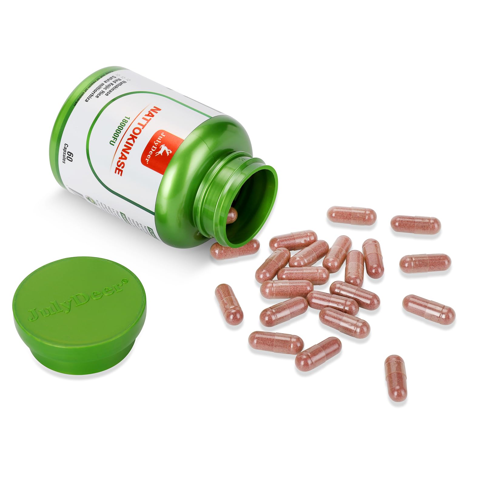 JulyDeer nattokinase ISO third-party testing seal on label.