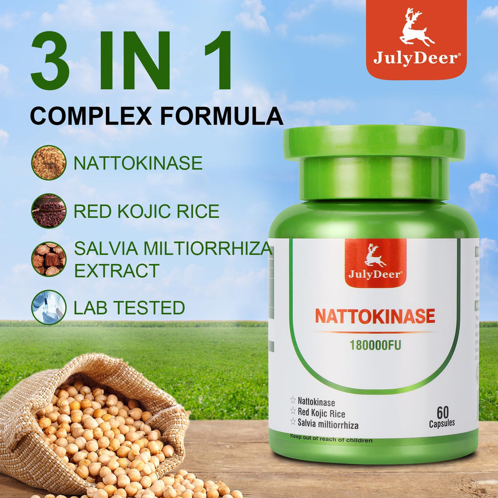 JulyDeer nattokinase serving card shows 6,000 FU per serving.