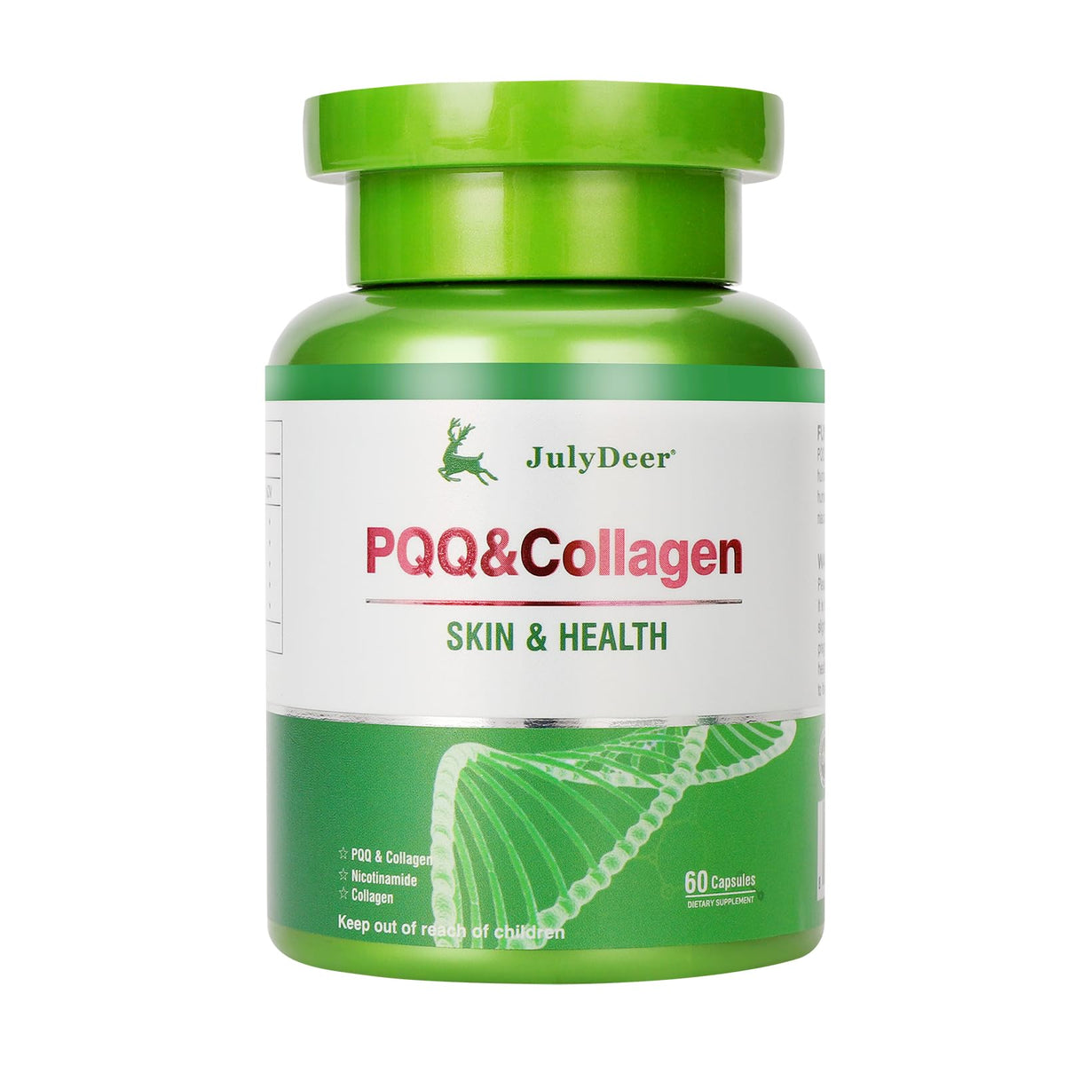 JulyDeer PQQ bottle pour illustrates energy support for daily activities.