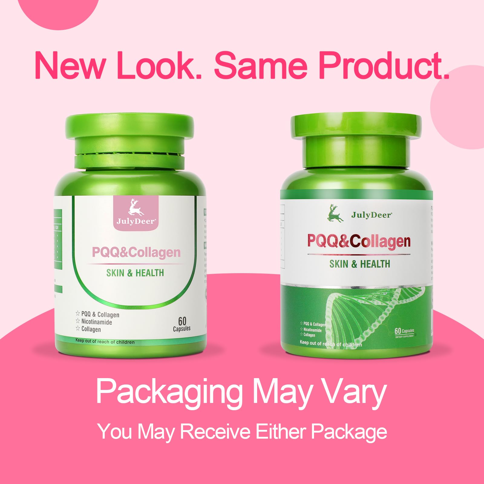 JulyDeer PQQ capsules with collagen and hyaluronic acid suggest skin and joint support.