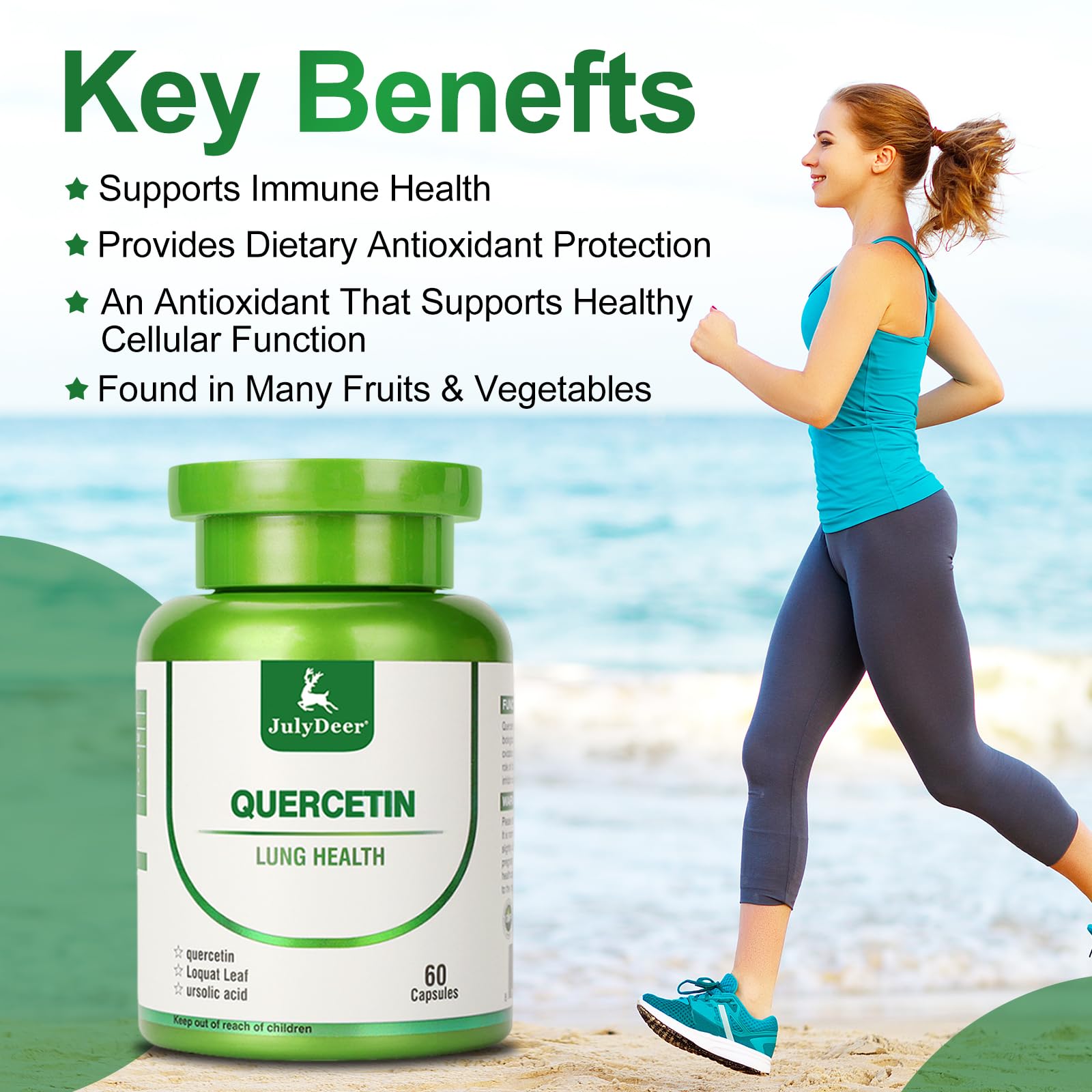 JulyDeer Quercetin 400 mg packaging front highlights gluten-free and allergen-free features