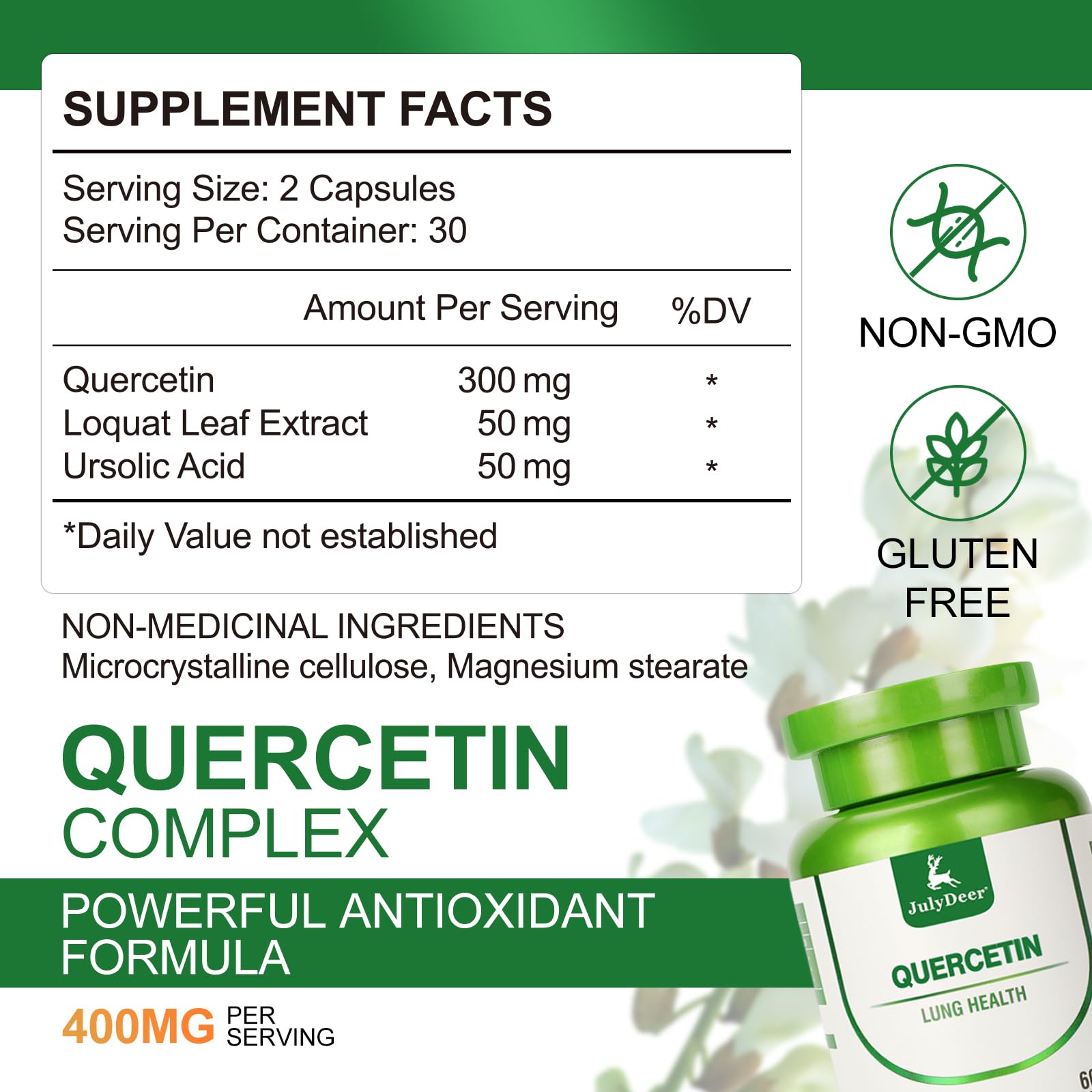 JulyDeer Quercetin 400 mg with ursolic acid capsules emphasize rich bioflavonoids