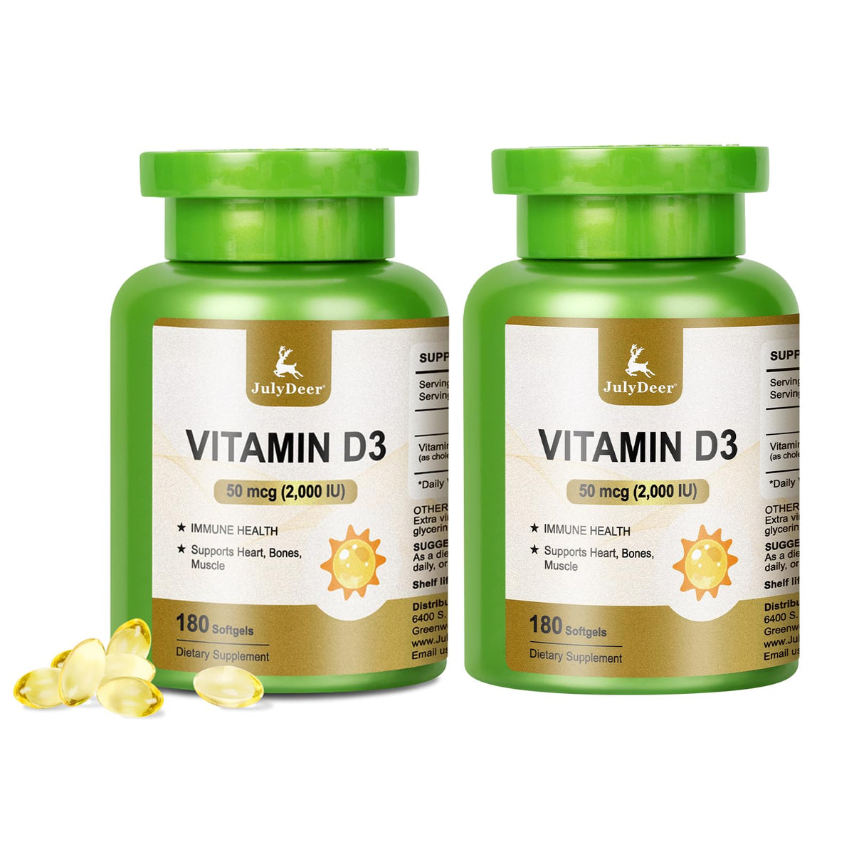 JulyDeer Vitamin D3 bottle with 360 softgels supports daily immune and bone wellness.