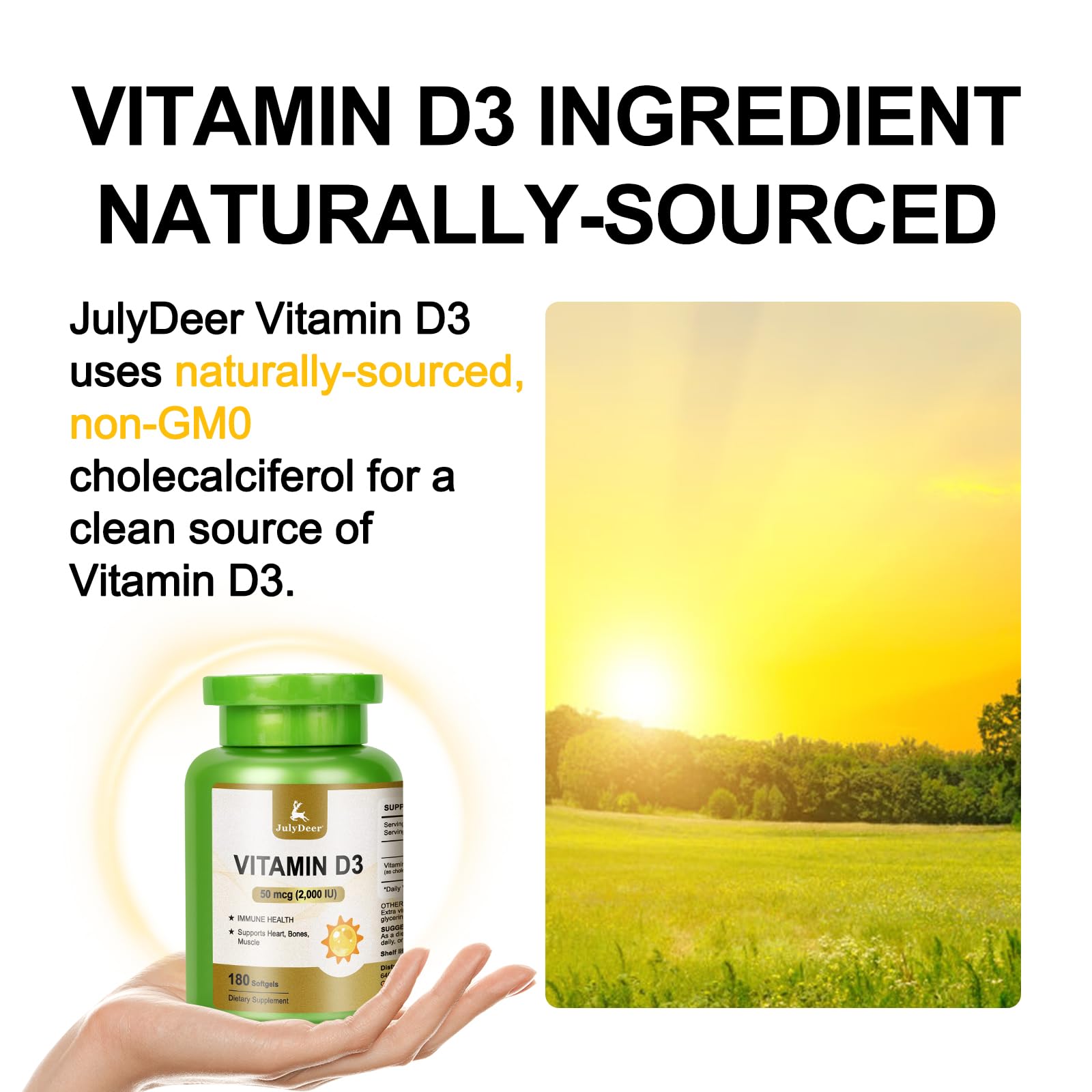 JulyDeer Vitamin D3 bottle back info shows serving size and ingredients.