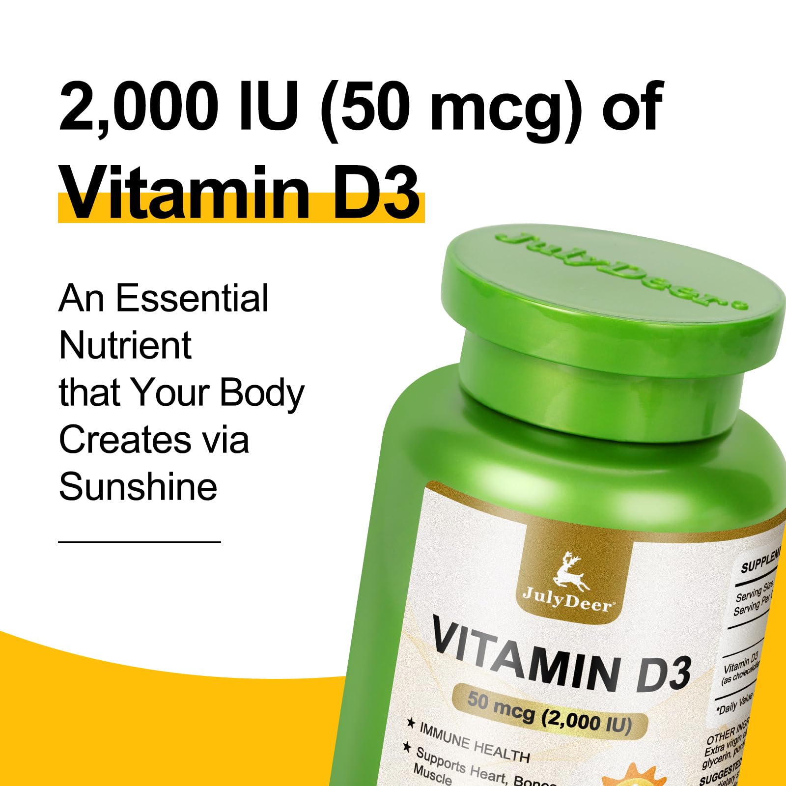 JulyDeer Vitamin D3 bottle label emphasizes purity and quality testing.