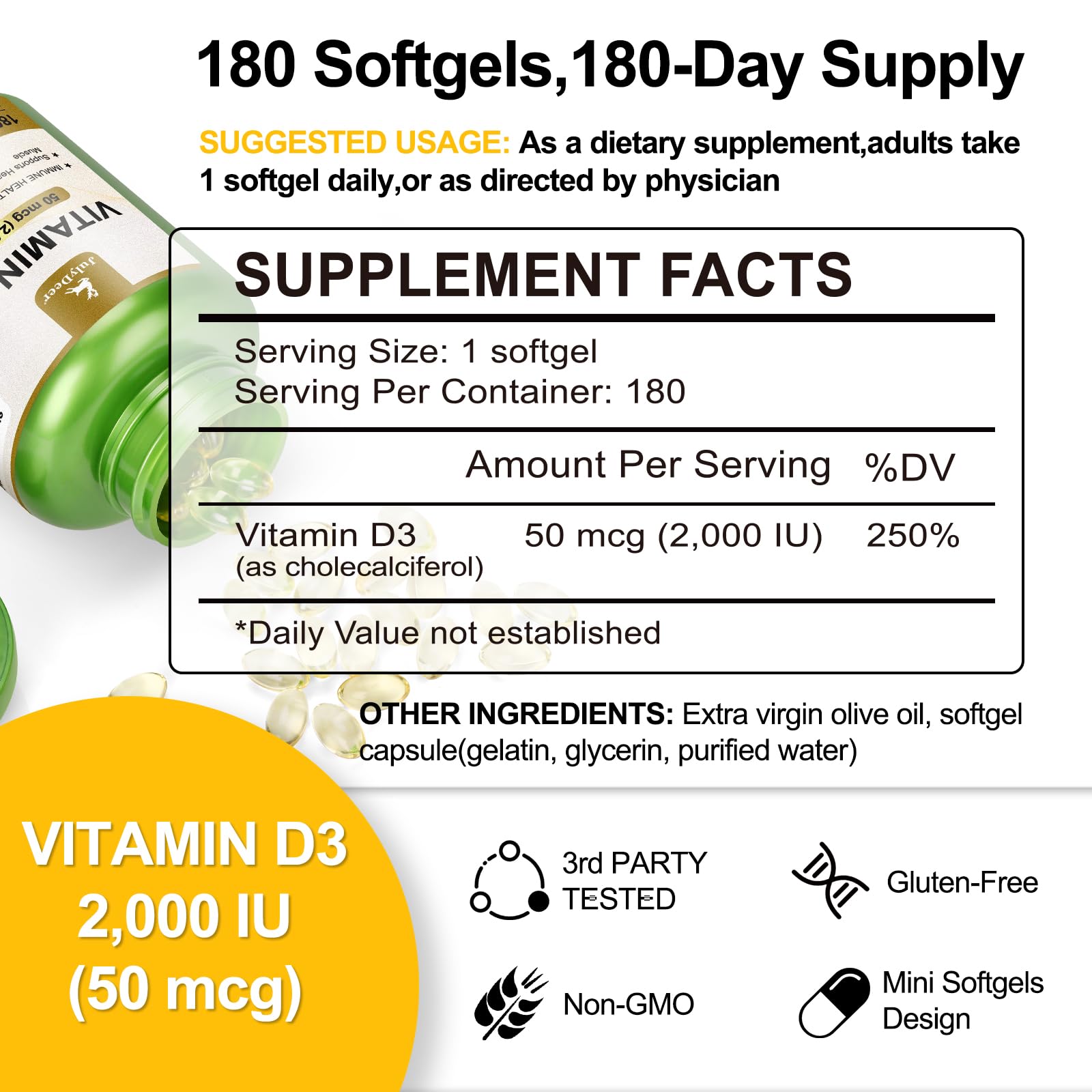 JulyDeer Vitamin D3 softgels closeup highlights easy daily supplementation.