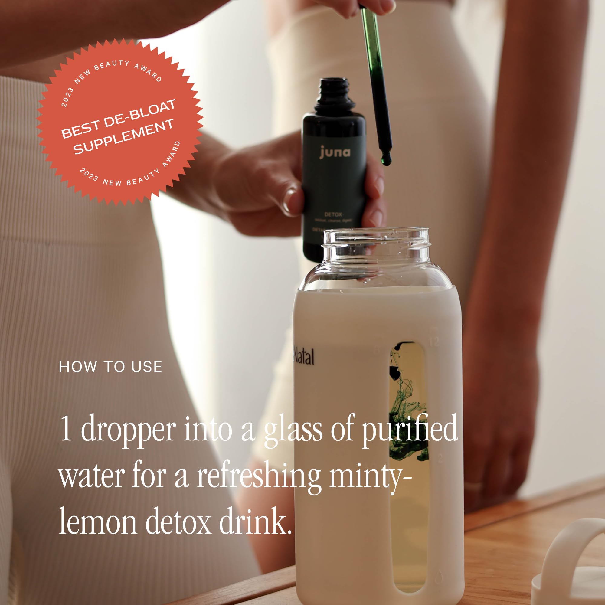 Juna Chlorophyll Drops added to water for a refreshing hydration option