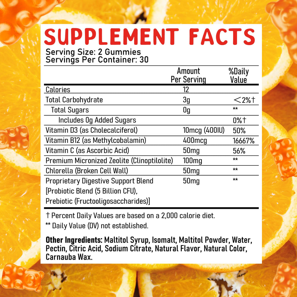 Natural orange aroma of Juneno Zeolite Detox Gummies for kids.
