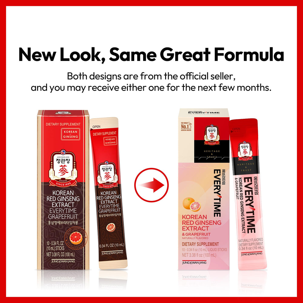 JUNG KWAN JANG Everytime red ginseng stick label highlights 1000mg ginseng and grapefruit.
