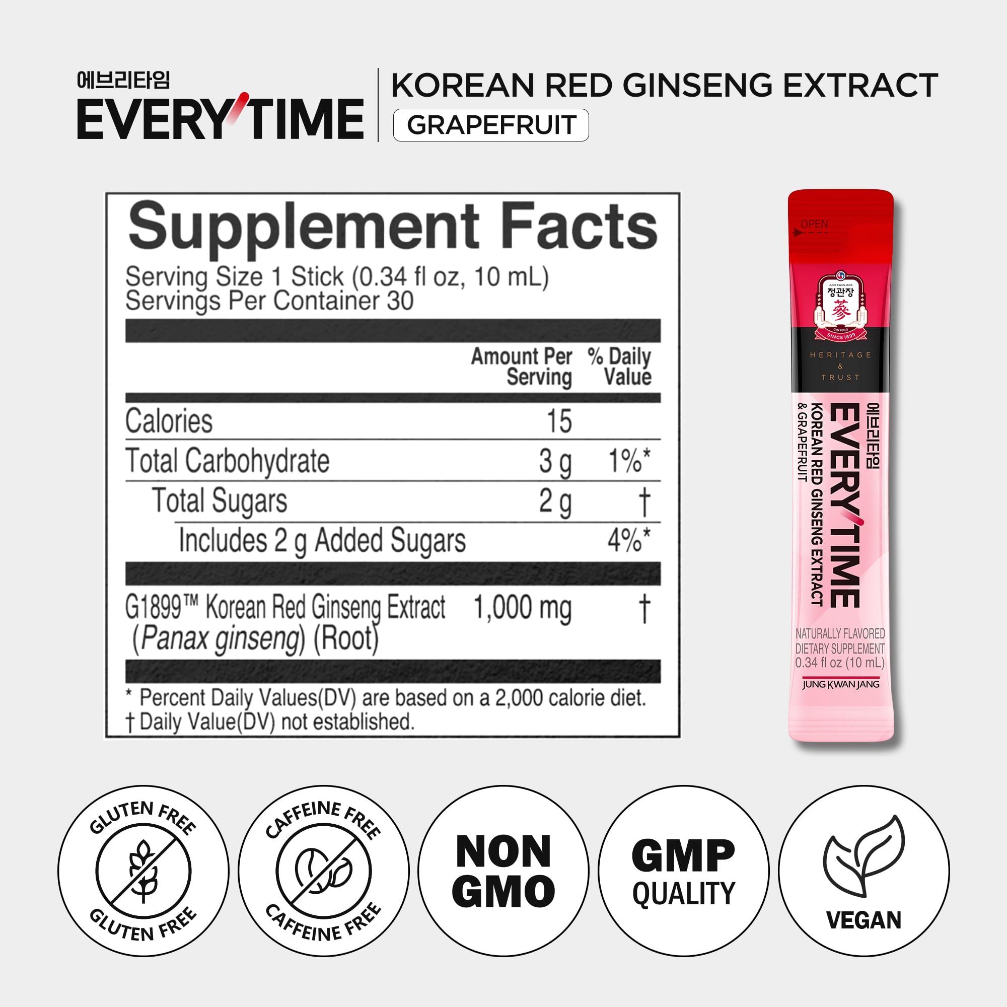 JUNG KWAN JANG Everytime red ginseng stick box shows ten portable servings.