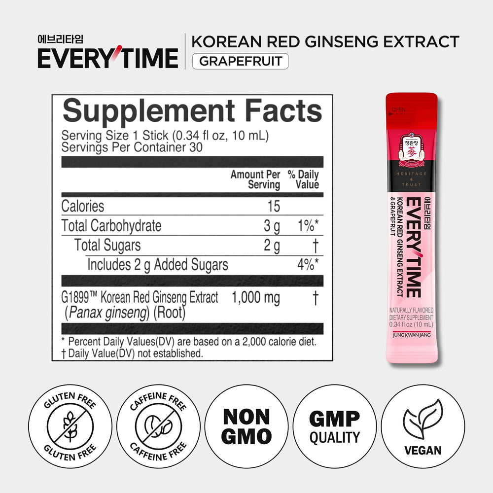 JUNG KWAN JANG Everytime red ginseng stick box shows ten portable servings.
