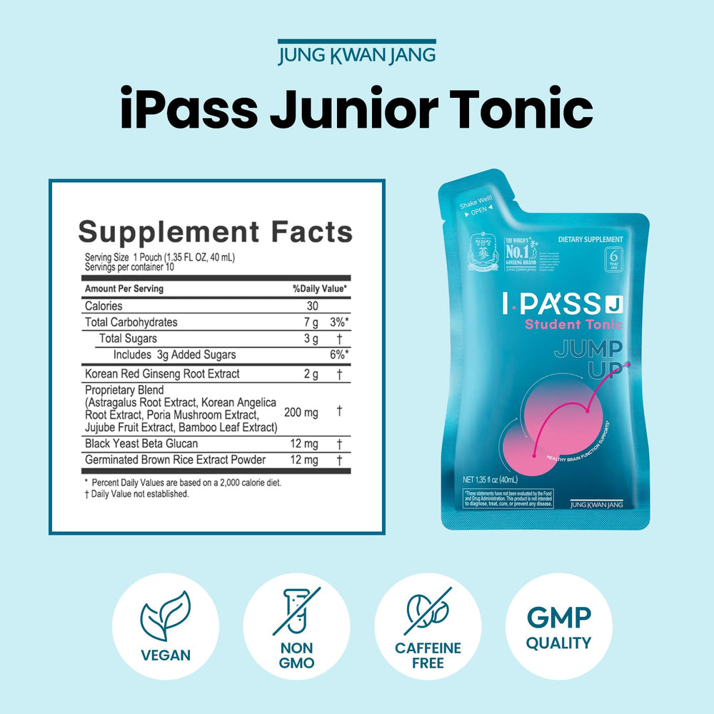 JungKwanJang i-Pass Junior bottle back-label detailing dosage and vegan caps