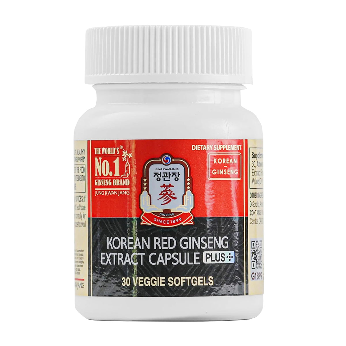 Jung Kwan Jang Korean Red Ginseng Extract Capsules Plus bottle front for clear identification and quality