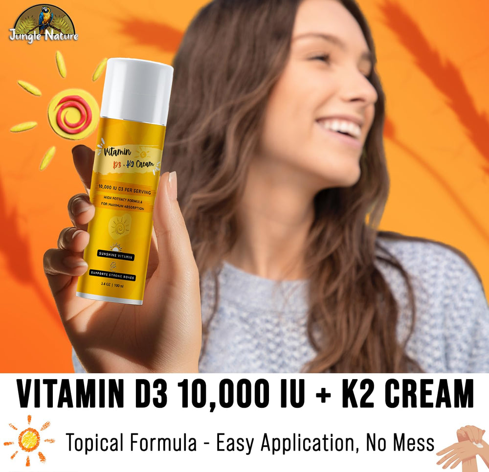 Jungle Nature Vitamin D3-K2 Cream ingredients highlight Vitamin E, Hyaluronic Acid, Olive Oil for hydration.