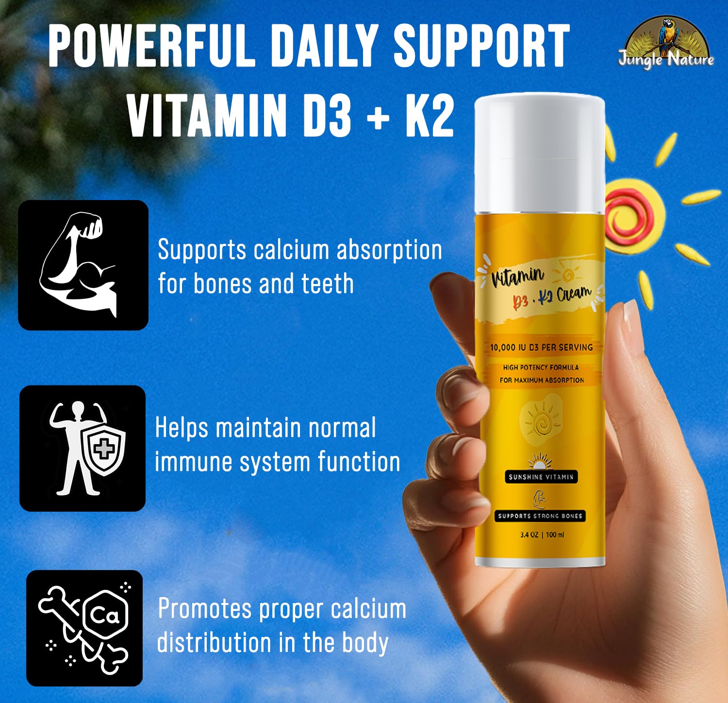 Jungle Nature Vitamin D3-K2 Cream non-greasy finish on clean skin.