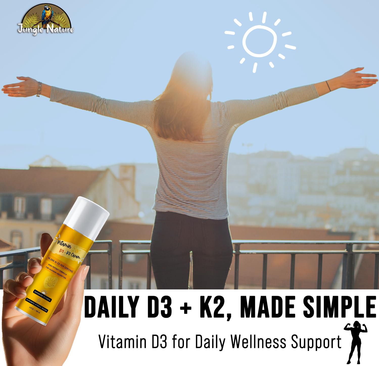 Jungle Nature Vitamin D3-K2 Cream USA-made clean ingredients label.