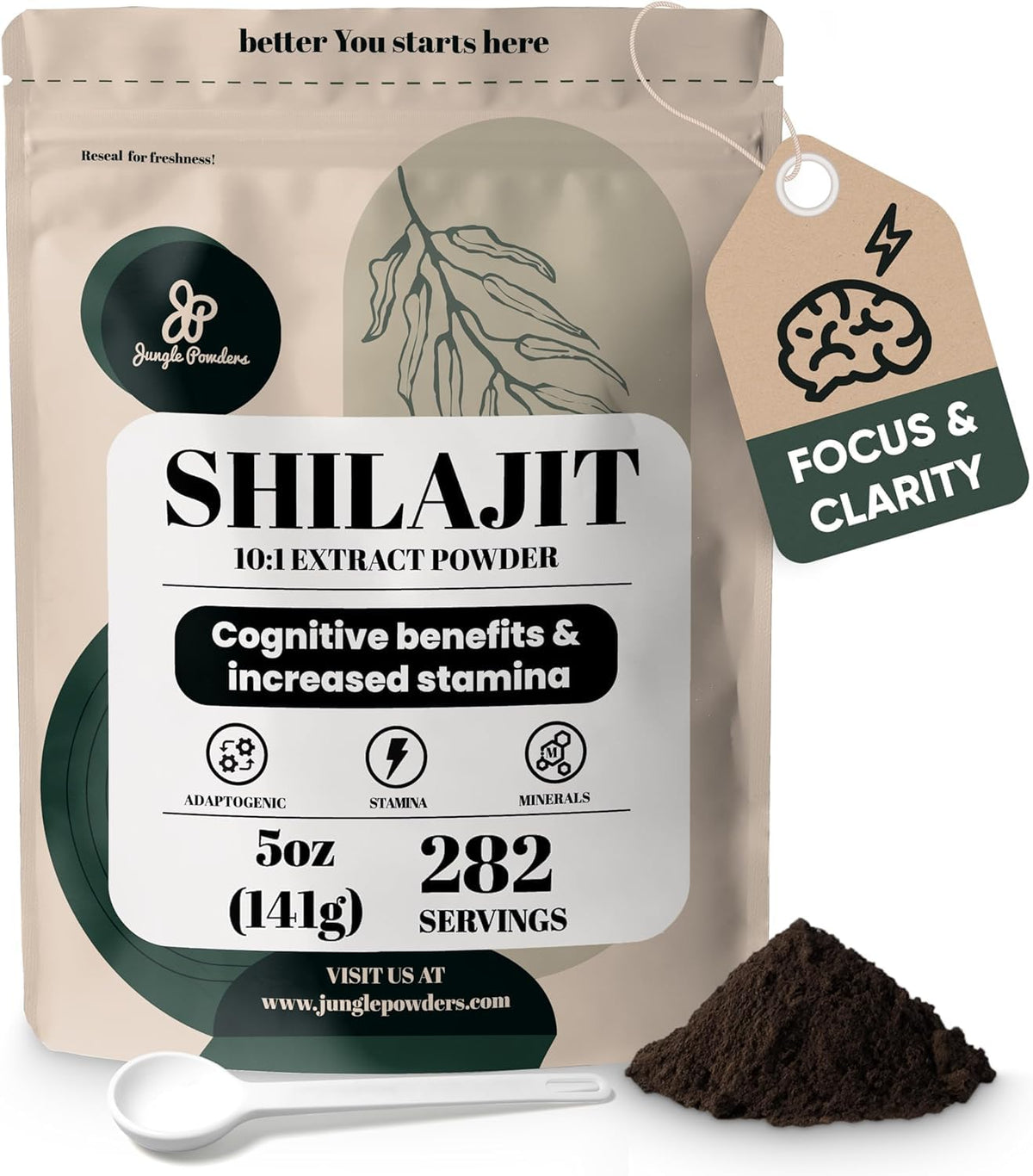 Jungle Powders Shilajit powder jar with scoop ready for daily energy support.