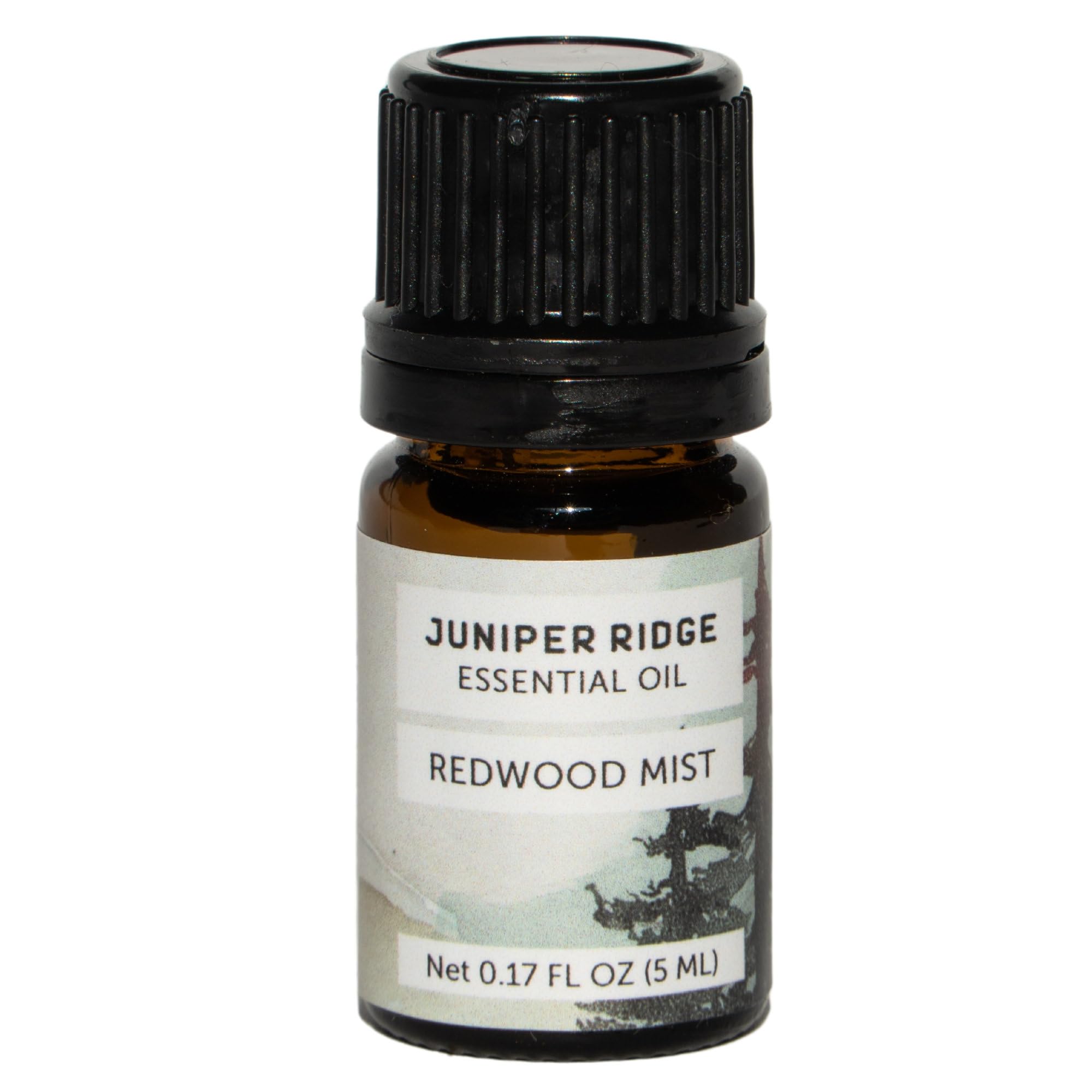 Juniper Ridge Redwood Mist essential oil bottle front view evokes forest aroma.