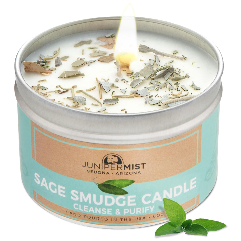 JuniperMist Sage Smudge Candle front view for cleansing energy and meditation