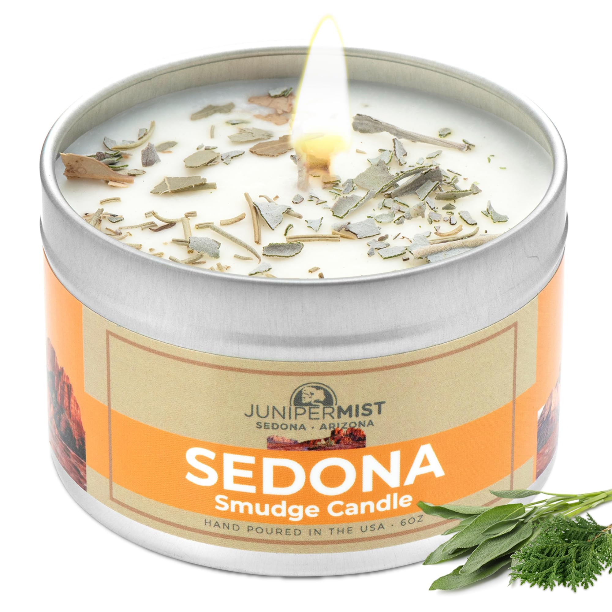 JuniperMist Sedona Smudge Candle in 6oz tin purifies space and invites calm.