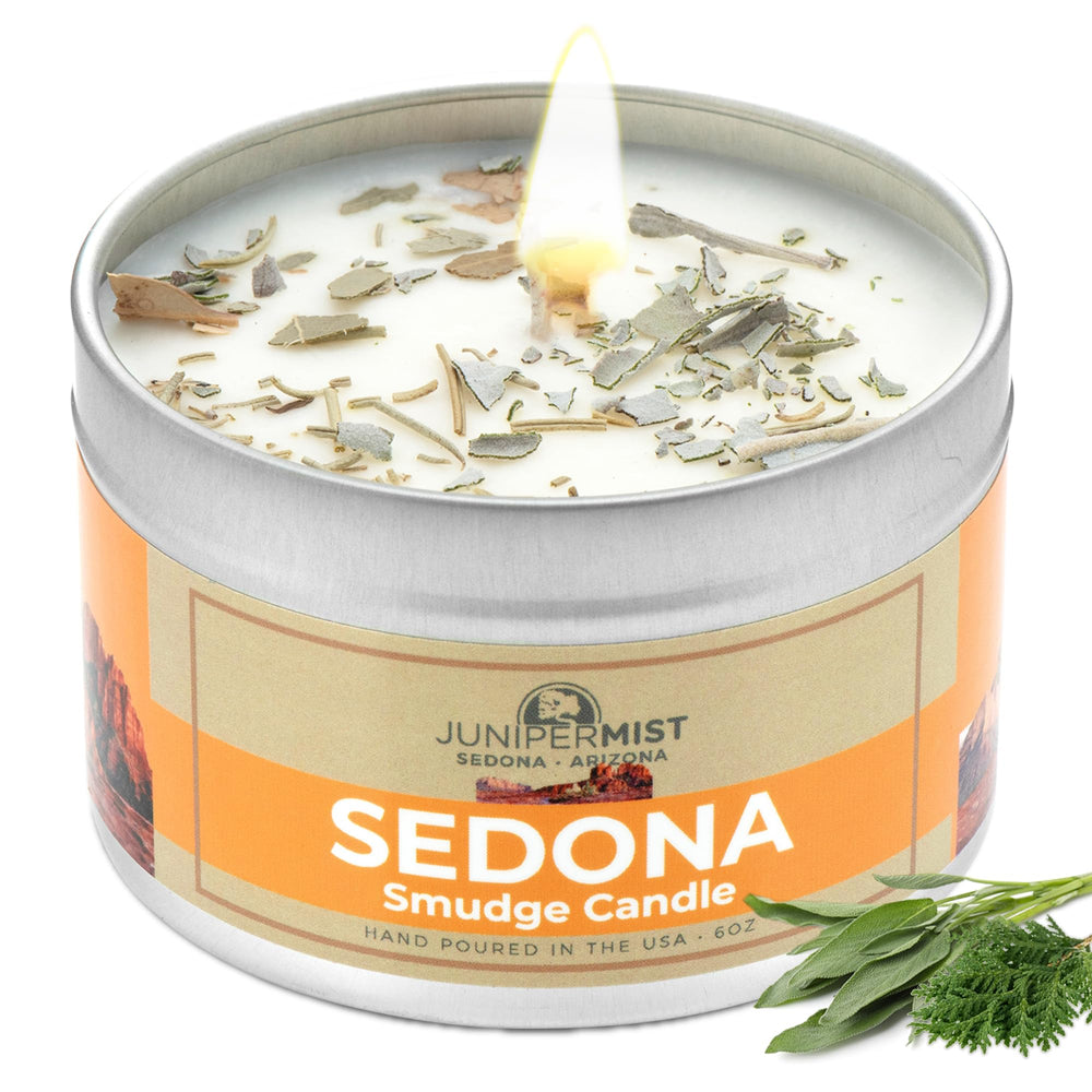 JuniperMist Sedona Smudge Candle in 6oz tin purifies space and invites calm.